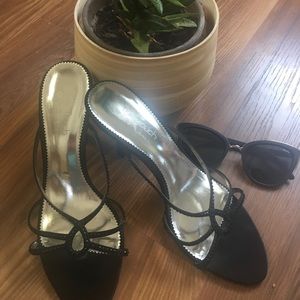 Black satin and sparkle slip on slides